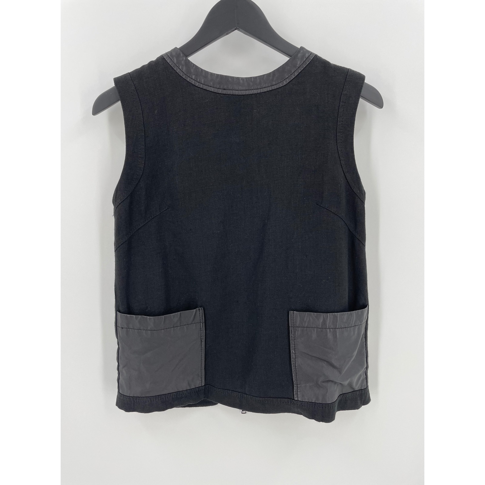 Jenni Kayne Linen Leather Pocket Vest Back Zip Sleeveless Shell Black Womens Xs